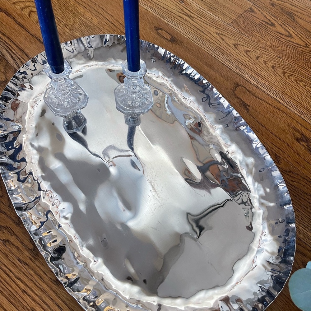Crate & Barrel Stainless Steel Hammered Oval Serving Tray Platter